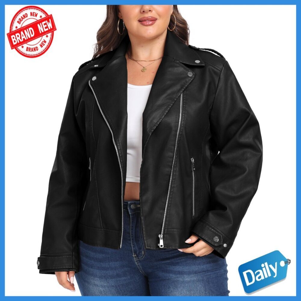 Plus Size Faux Leather Moto Jacket Lapel Collar Slim Fit Short Coat